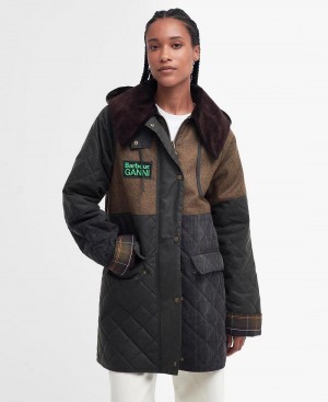 Barbour Barbour x GANNI Short Burghley Quilted Wax Women's Jackets Green | Australia_BAR22608
